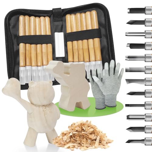 ENROSLU Schnitzwerkzeug Set 16-tlg inkl, ideales Schnitzmesser-Set Sicherheitshandschuhen und PU-Tasche, Holzschnitzwerkzeug-Set für Anfänger zum Schnitzen von Holz, Gemüse, Obst uvm von ENROSLU