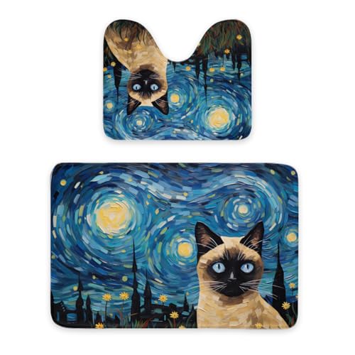 ENSFTF Bathroom Rugs Classic Oil Painting Cat Pattern Toilet Rugs U Shaped Set 2 Piece Extra Soft Flannel Contour Toilet Mats Absorbent Washable Mats 16"x20" and 24"*36" von ENSFTF