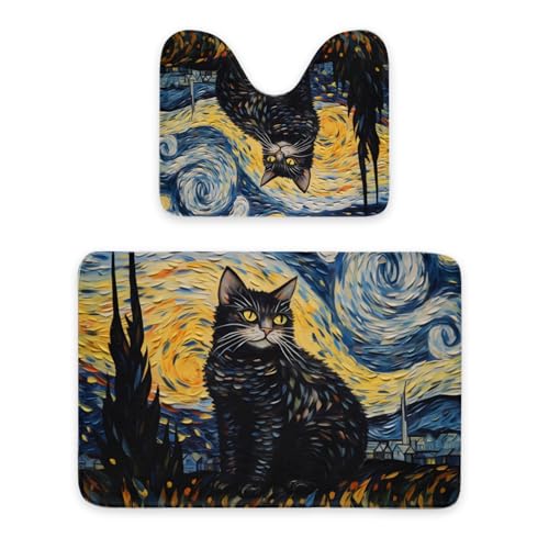 ENSFTF Bathroom Rugs Classic Oil Painting Cat Pattern Toilet Rugs U Shaped Set 2 Piece Extra Soft Flannel Contour Toilet Mats Absorbent Washable Mats 16"x20" and 24"*36" von ENSFTF