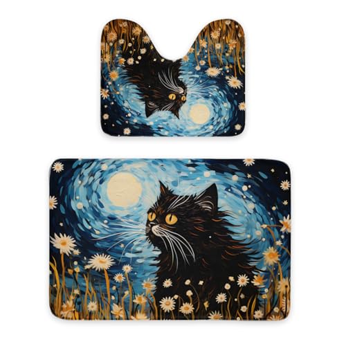 ENSFTF Bathroom Rugs Classic Oil Painting Cat Pattern Toilet Rugs U Shaped Set 2 Piece Extra Soft Flannel Contour Toilet Mats Absorbent Washable Mats 16"x20" and 24"*36" von ENSFTF