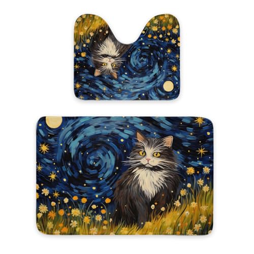 ENSFTF Bathroom Rugs Classic Oil Painting Cat Pattern Toilet Rugs U Shaped Set 2 Piece Extra Soft Flannel Contour Toilet Mats Absorbent Washable Mats 16"x20" and 24"*36" von ENSFTF