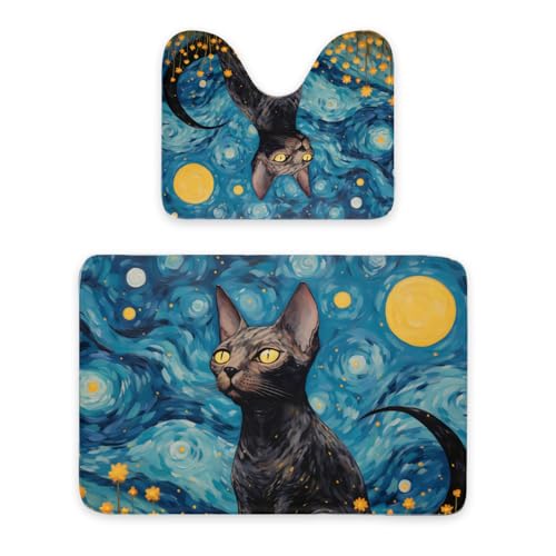 ENSFTF Bathroom Rugs Classic Oil Painting Cat Pattern Toilet Rugs U Shaped Set 2 Piece Extra Soft Flannel Contour Toilet Mats Absorbent Washable Mats 16"x20" and 24"*36" von ENSFTF