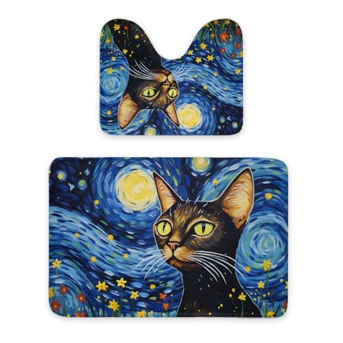 ENSFTF Bathroom Rugs Classic Oil Painting Cat Pattern Toilet Rugs U Shaped Set 2 Piece Extra Soft Flannel Contour Toilet Mats Absorbent Washable Mats 16"x20" and 24"*36" von ENSFTF
