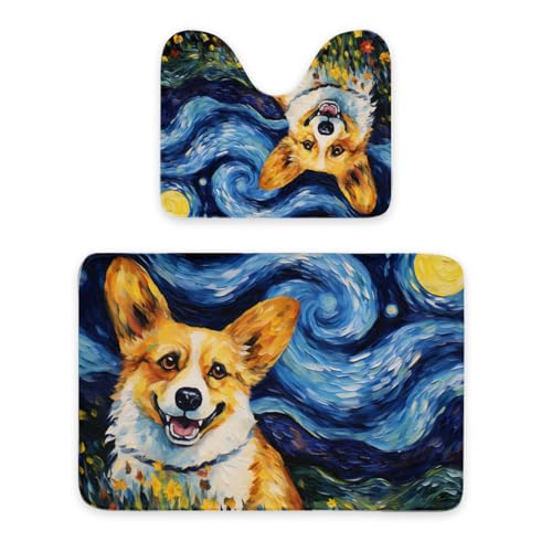 ENSFTF Bathroom Rugs Classic Oil Painting Dog Pattern Toilet Rugs U Shaped Set 2 Piece Extra Soft Flannel Contour Toilet Mats Absorbent Washable Mats 16"x20" and 24"*36" von ENSFTF