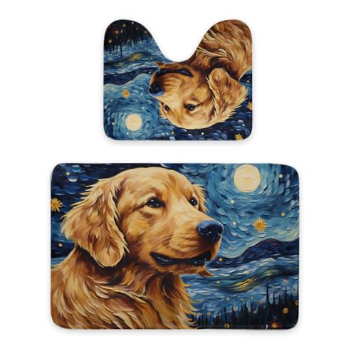 ENSFTF Bathroom Rugs Classic Oil Painting Dog Pattern Toilet Rugs U Shaped Set 2 Piece Extra Soft Flannel Contour Toilet Mats Absorbent Washable Mats 16"x20" and 24"*36" von ENSFTF