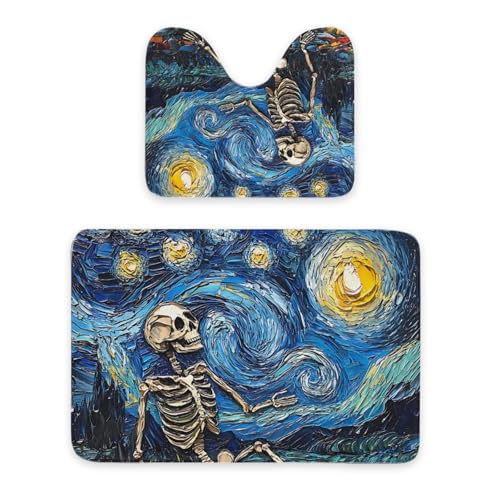 ENSFTF Bathroom Rugs Classic Oil Painting Skeleton Pattern Toilet Rugs U Shaped Set 2 Piece Extra Soft Flannel Contour Toilet Mats Absorbent Washable Mats 16"x20" and 24"*36" von ENSFTF