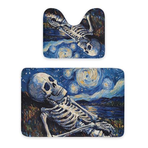 ENSFTF Bathroom Rugs Classic Oil Painting Skeleton Pattern Toilet Rugs U Shaped Set 2 Piece Extra Soft Flannel Contour Toilet Mats Absorbent Washable Mats 16"x20" and 24"*36" von ENSFTF