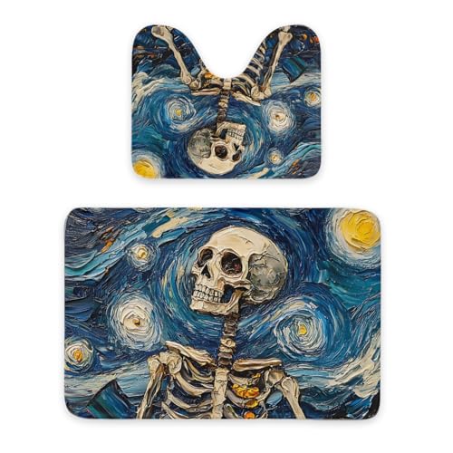ENSFTF Bathroom Rugs Classic Oil Painting Skeleton Pattern Toilet Rugs U Shaped Set 2 Piece Extra Soft Flannel Contour Toilet Mats Absorbent Washable Mats 16"x20" and 24"*36" von ENSFTF