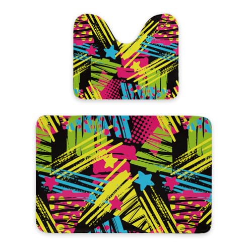 ENSFTF Bathroom Rugs Graffiti Pattern Toilet Rugs U Shaped Set 2 Piece Extra Soft Flannel Contour Toilet Mats Absorbent Washable Mats 16"x20" and 24"*36" von ENSFTF
