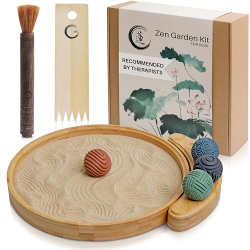 Japanese Zen Garden Kit for Desk - Sand Garden Tools and Accessories Box Set for Office Desktop - 12” Large Round Bamboo Tray, 4 Stamp Spheres, Natural Sand, Rake - Mini Zen Decor Meditation Gifts von ENSO SENSORY