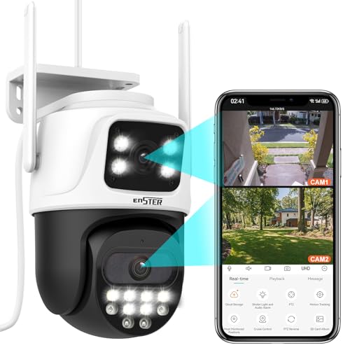 ENSTER 2K Überwachungskamera Aussen WLAN mit Dual-Objektiv Dual-Ansicht, PTZ IP Kamera Outdoor Auto Tracking, Camera WiFi mit Personenerkennung Farbnachtsicht 360 Grad,kompatibel mit Alexa von ENSTER