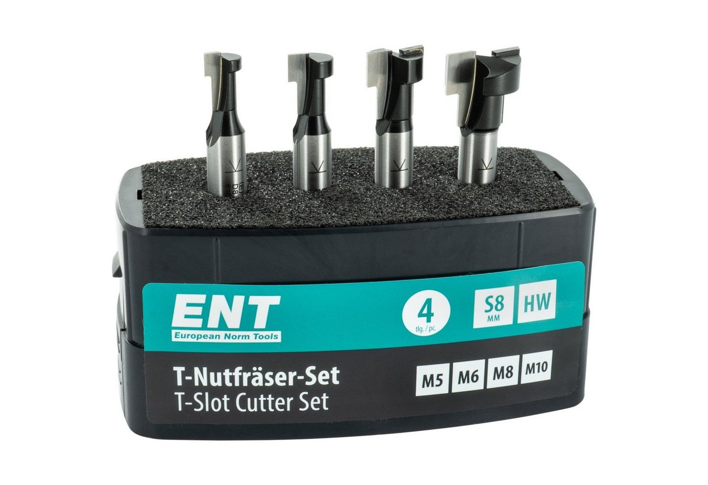 ENT European Norm Tools T-Nutfräser 09045 4-tlg. HW T-Nutfräser-Set, für M5, M6, M8 und M10 Sechskantschrauben - Schaft Ø 8 mm, Hartmetall von ENT European Norm Tools
