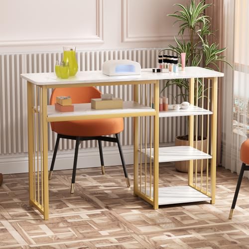 ENTTEN Nageltisch mit Marmoroptik und Regal, Maniküretisch für Salon oder Zuhause, Nagelstudio Tisch mit offenem Stauraum und Metallrahmen von ENTTEN