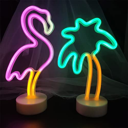 ENUOLI 2 Packungen Dekoration Neonzeichen Hellrosa Flamingo Neonzeichen und grüne Palme Neonlicht Tischdekoraturbatterie/USB Powered Neon-Licht mit Halter Base für Schlafzimmer Mädchen Kinder Gebur von ENUOLI