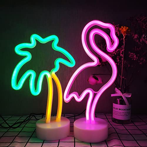 ENUOLI LED Flamingo und Kokosnuss Palme Neonlichter 2 Packungen Dekoration Neonzeichen Tischdekor Lichter USB/Batteriebetriebene Neonlichter für Schlafzimmer Home Hochzeit Geburtstag Urlaub Bar Par von ENUOLI