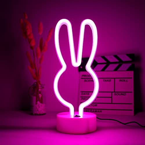 ENUOLI LED Kaninchen Neonlicht Neonschild Rosa Neon USB/Batteriebetriebene Neonlampe Led Nettes Neonlicht mit Halter Basis Kaninchen Neonlicht Schild Wanddekoration für Party Weihnachtsfeier Tisch von ENUOLI