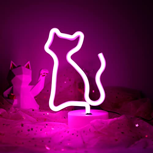 ENUOLI LED Pink Cat Neon Light Signs Neon Sign with Base Neon Night Light Indoor Decor Batterie/USB betriebenes Leuchtschild Nachttisch Neonlampen Neon Cat Signs für Home Party Room Decoration(Rosa) von ENUOLI