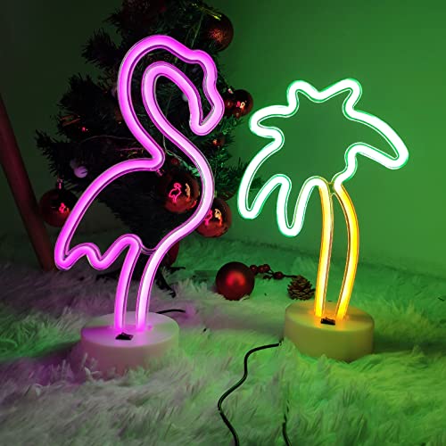 ENUOLI Neonlicht Kombination Flamingo und Palme Neonlichtzeichen Batterie/USB operierte Tischdekor Neonlichter Neon Nachtschilder mit Halterung Basis für Kinderschlafzimmer Geburtstag Hochzeitsfest von ENUOLI