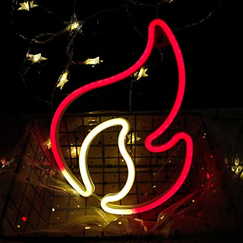 Flammen Neon light Sign Feuer Neonlicht für Wanddekoration USB/batteriebetriebene Flammen Neon Schilder für Heimpartys Weihnachten Geburtstag Kinderversorgung Geschenke (Rot und Warmweiß) von ENUOLI