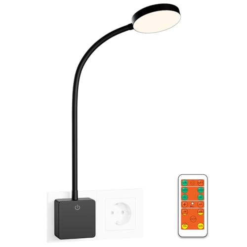ENUOTEK LED Wandlampe Steckdose Schlafzimmer Lampe Leselampe Bett Nachttischlampe Dimmbar mit Stecker und Fernbedienung, 4W 280Lm 3000K-4000K-5000K, 1er Lampe und 1er Fernbedienung (Schwarz) von ENUOTEK