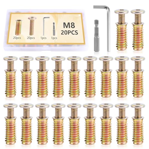 Einschraubmutter Gewindeeinsatz Holz 20Stk M8x30mm Flachkopfschrauben Verzinkt mit Hex Key für Möbel Möbelmontage Holzbearbeitungsprojekte(M8 x 30) von ENUTROF