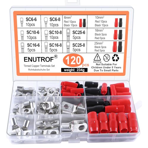 Rohrkabelschuhe Ringkabelschuh Set 120Stk 25mm² 16mm² 10mm² 6mm² Kabelschuhe Rohrkabelschuhe Set mit Schrumpfschlauch für Kfz Auto Motorad Boote von ENUTROF
