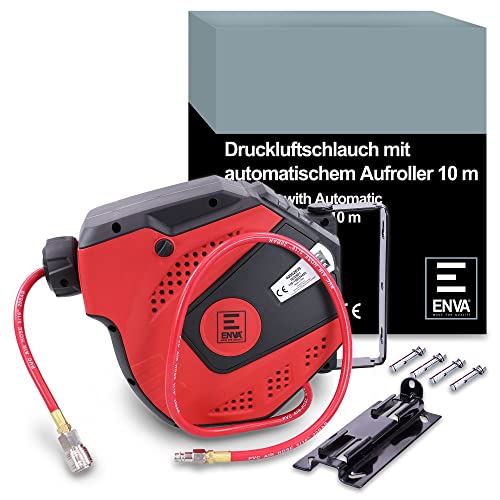 ENVA Druckluftschlauch mit automatischem Aufroller 10m Schlauch mit 1/4" Anschluss Schlauchaufroller Druckluftschlauchtrommel schwenkbar inkl. Montagehalterung von ENVA MADE FOR QUALITY