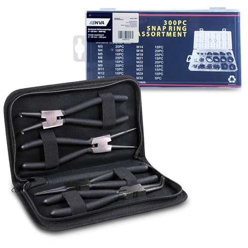 ENVA Sprengringzangen Satz 4TLG. + Sortiment Sicherungsringe 300TLG. Sicherungsringzangen & Seegering Set für Innen- und Außensicherungen Seegering Zangen Set mit Sprengringe von 3-32 mm von ENVA MADE FOR QUALITY