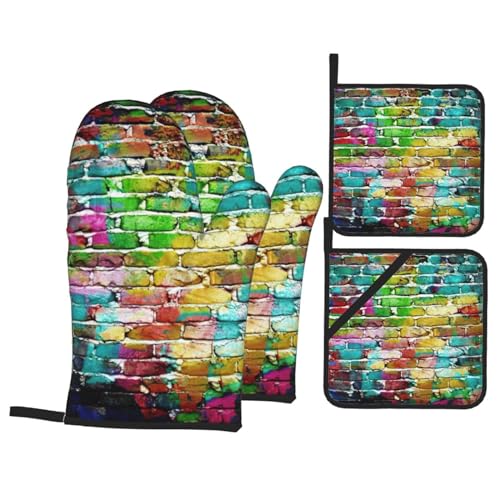 Graffiti Bunte Ziegel Außergewöhnliches Küche Backen Vierteiliges Set-Versatile Hitzebeständige Matte und Handschuhe Combo Kit von ENVEED