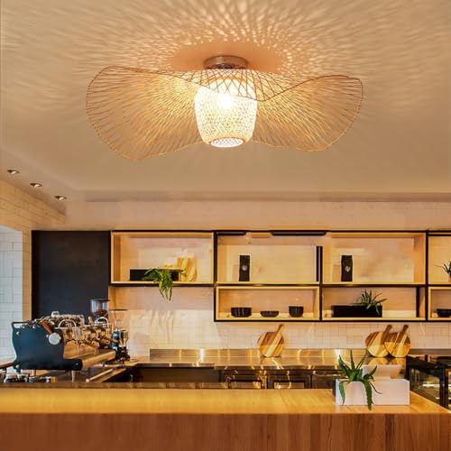 Deckenleuchte Rattan Lampenschirm Bambus Lampe Vintage Deckenlampe Kreativer Bambus Retro E27 Esszimmer Schlafzimmer Hängeleuchte Wohnzimmer Dekoration Kaffee Bar Hängelampe Kinderzimmerlampe,75cm von ENXING
