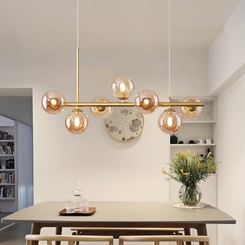 ENXING Moderne E27 Beleuchtung Hängelampe Moderne Lange Lineare Hängelampe Glas Hängelampe Verstellbare Höhe Geeignet Für Schlafzimmer Wohnzimmer Küche Esszimmer (Glühbirne Nicht Enthalten)(Gold+Gold, von ENXING