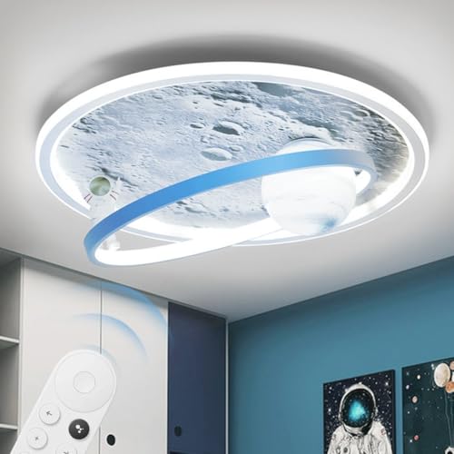 ENXING Moderne LED Kinder Deckenleuchte Kreativ Cartoon Astronaut Planet Deckenleuchte Mit Fernbedienung Induktion Dimmbar Für Jungen Und Mädchen Schlafzimmer Kinderzimmer Kindergarten(50cm) von ENXING