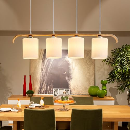 ENXING Moderne Weiße Pendelleuchte Holz Pendelleuchte Höhenverstellbar Glas Pendelleuchte 4 Licht Pendelleuchte 4 X E27 Für Küche Wohnzimmer Schlafzimmer (Glühbirne Nicht Enthalten) von ENXING