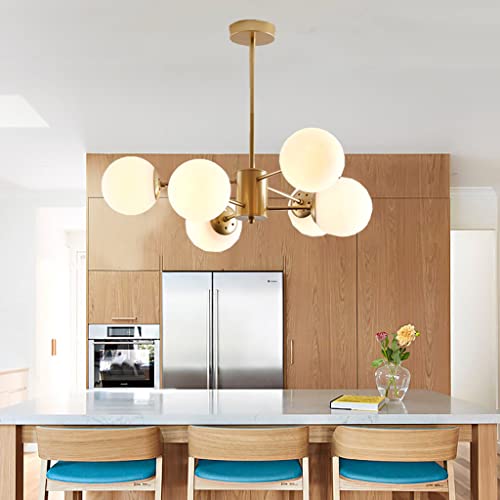 ENXING Pendelleuchte E27 Moderne Pendellampe Kreative Dekoration Wohnzimmer Kronleuchter Eisen Hängelampe Glaskugel Deckenleuchte Weißer Schatten Hängeleuchte Küche Esszimmer Bar,Gold,6 heads von ENXING