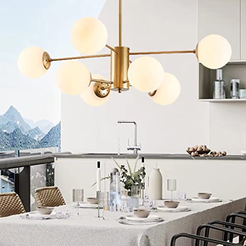 ENXING Pendelleuchte E27 Moderne Pendellampe Kreative Dekoration Wohnzimmer Kronleuchter Eisen Hängelampe Glaskugel Deckenleuchte Weißer Schatten Hängeleuchte Küche Esszimmer Bar,Gold,8 heads von ENXING