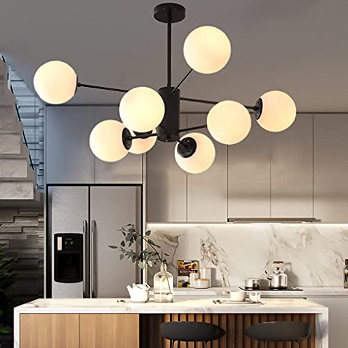 ENXING Pendelleuchte E27 Moderne Pendellampe Kreative Dekoration Wohnzimmer Kronleuchter Eisen Hängelampe Glaskugel Deckenleuchte Weißer Schatten Hängeleuchte Küche Esszimmer Bar,Schwarz,8 heads von ENXING