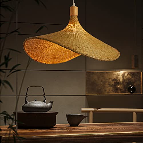 Hängeleuchte Natürliche Bambus Rattan Pendelleuchte Retro E27 Pendellampe Vintage Handgewebte Lampenschirm Esszimmer Schlafzimmer Wohnzimmer Küche Korridor Kronleuchter Büro Hängelampe,60cm von ENXING