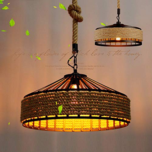 Hängeleuchte Vintage Seilampe Pendelleuchte Deckenleuchte E27 Retro Industrie Hängelampe Eisen Loft Kronleuchter Rustikal Hanfseil Eisen Leuchter Wohnzimmer Runde Hängend Eisen Käfig Pendellamp,50cm von ENXING