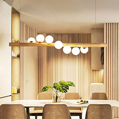 LED Pendelleuchte Holz Pendellampe Hängelampe Hängeleuchte Höhenverstellbar Kugel Aus Glas Pendellampe Mit G9 Leuchtmittel Retro Deckenleuchte Für Esszimmer (7-Flammig) Kronleuchter von ENXING
