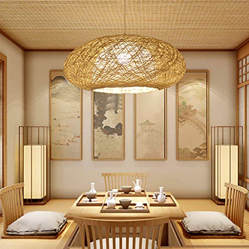 Pendelleuchte Einfachheit Vintage Weblichter Natur Bambus Und Gewebte Rattan Hängelampe Höhenverstellbar E27 Restaurant Teestube Wohnzimmer Cafe Rattan Handmade Schlafzimmer Veranda Kronleuchter,50cm von ENXING