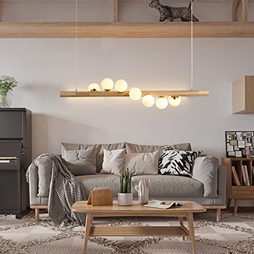 Pendelleuchte Holz LED Esstisch Pendellampe Vintage Hängelampe Hängeleuchte Höhenverstellbar Kugel Aus Glas Pendellampe Mit G9 Leuchtmittel Retro Deckenleuchte Für Esszimmer Kronleuchter,7 head von ENXING