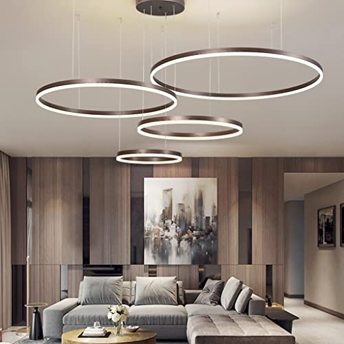 Pendelleuchte LED Esstisch Lampe Mit Fernbedienung Hängeleuchte Dimmbar Höhenverstellbar Kronleuchter Wohnzimmer Pendellampe Metall Ring Acryl Deckenleuchte Esszimmer Hängelampe Küchen,Braun,4 rings von ENXING