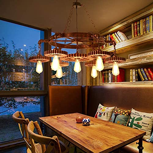 Pendelleuchte Metall Holz Rustikal Hängeleuchte Vintage Hängelampe Hoehenverstellbar Pendellampe Rund E27 Lampe 7 Flammig Kronleuchter Retro Schwarz Esstisch Esszimmer Küche Wohnzimmer Lüster von ENXING