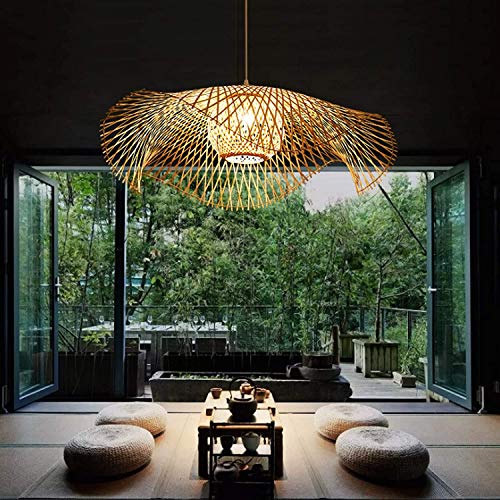 Retro Pendelleuchte Vintage Bambus Rattan Kronleuchter Handgewebter Hängelampe Höhenverstellbar E27 Pendellampe Restaurant Wohnzimmer Schlafzimmer Hängeleuchten Innenbeleuchtung Deko Deckenlampe,100cm von ENXING