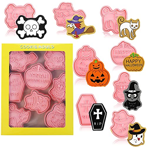 8 stück Halloween Ausstechfomen Set, Ausstechformen Kürbis Fledermaus Geist Totenkopf Katze Spinnennetz Süßigkeit Hexenhut Keksausstecher für Backen mit Kinder, Keks, Backen Fondant Cutters (H) von ENYACOS