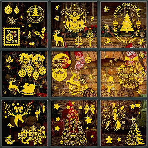 ENYACOS Gold Fensterbilder Weihnachten, Fensterdeko Weihnachten PVC Fenstersticker Weihnachten Statische Aufkleber Schneeflocken Fensterbilder für Türen, Schaufenster, Vitrinen, Glasfronten (CC) von ENYACOS