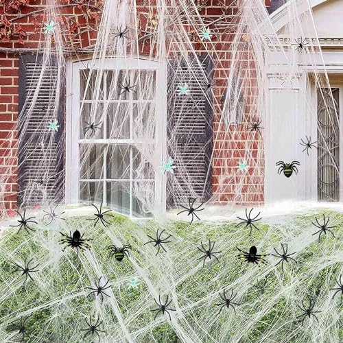 ENYACOS Halloween Spinnennetz Deko, 1000 Quadratmeter große Spinnennetze + 24 Spinnen, Spinnennetz im Innenbereich mit gefälschten Spinnen für Halloween-Partydekorationen(b) von ENYACOS