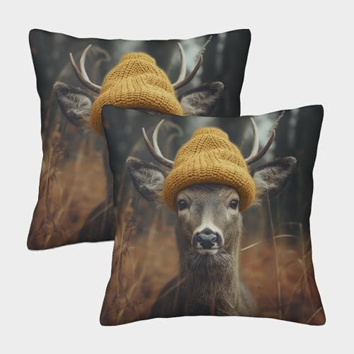 ENYISIYULO 3D-Druck Dekokissen Kissenbezüge Hirsch mit Hut 2er-Set Modern Dekokissen Kissenbezüge Elch Zierkissenbezüge Kissen Für Sofa Sessel Zuhause Auto Schlafzimmer 45x45cm von ENYISIYULO