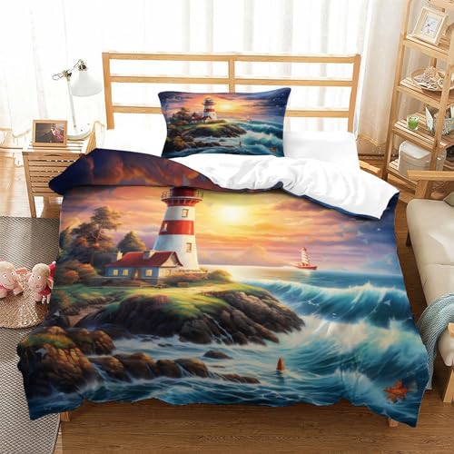 ENYISIYULO Bettwäsche Coastal Leuchtturm 2teilig Sonnedown Leuchtturm 3D Drucken Weiche BettwäSche Set Mikrofaser Bettbezug Und 1 Kissenbezug Für Mädchen Junge Kinder Single（135x200cm） von ENYISIYULO
