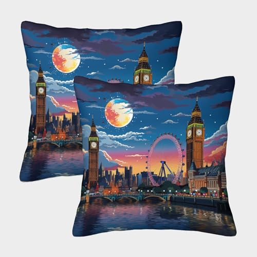 ENYISIYULO Dekokissen Kissenbezüge London Stadtbild 2er Set Kissenhülle DekoRatteive Weiche Big Ben Wohnzimmer Zierkissen Für Couch Stuhl Bett Garten Balkon 50x50cm von ENYISIYULO